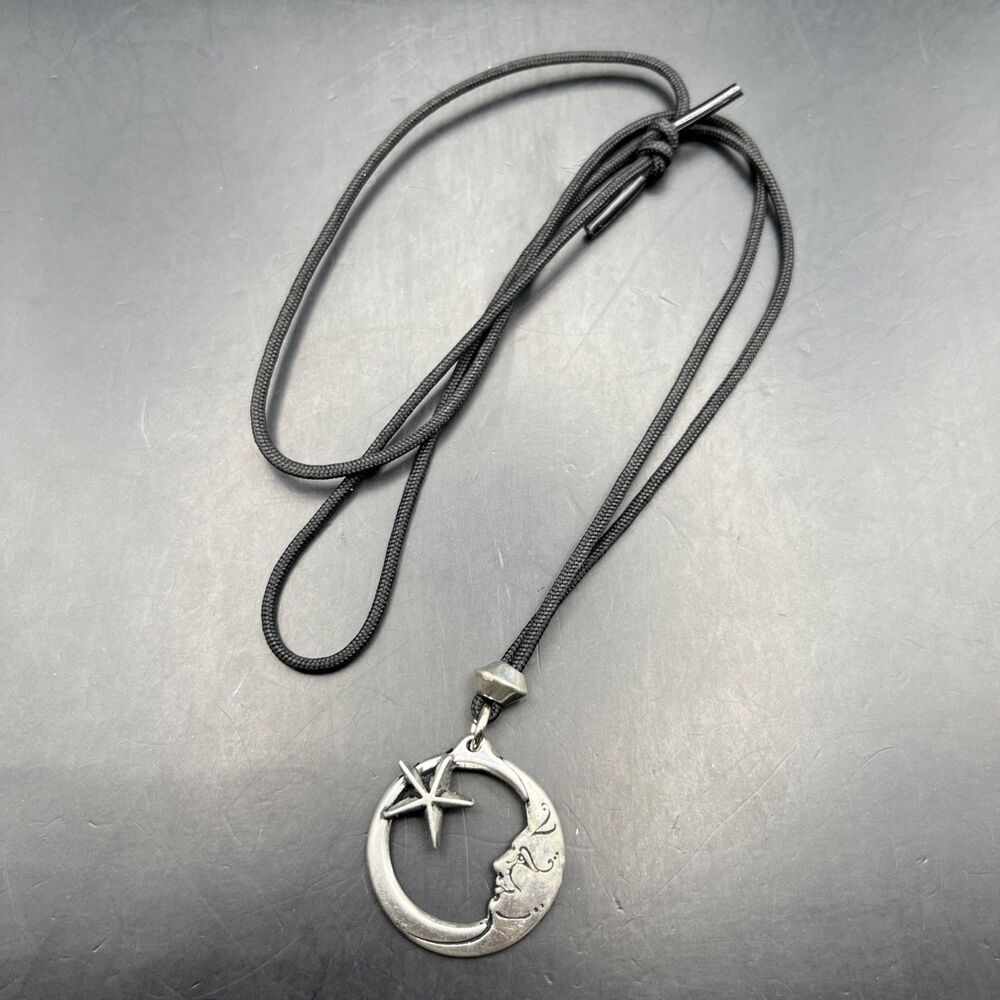 Vintage Pepi Pewter Moon and Star Pendant Necklace Crescent Medallion Signed